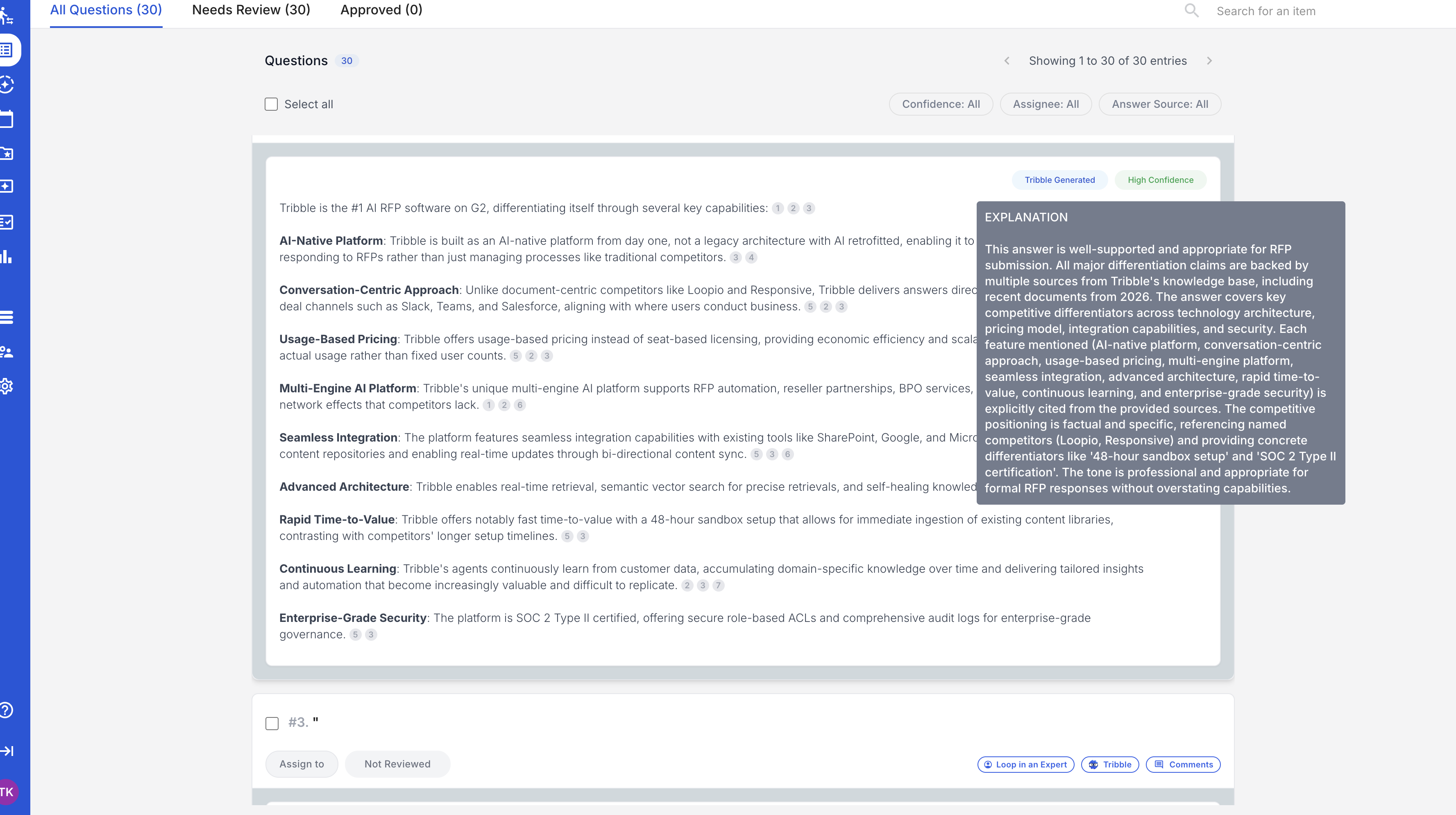 Tribble AI Proposal Automation explanation panel showing answer validation against knowledge base