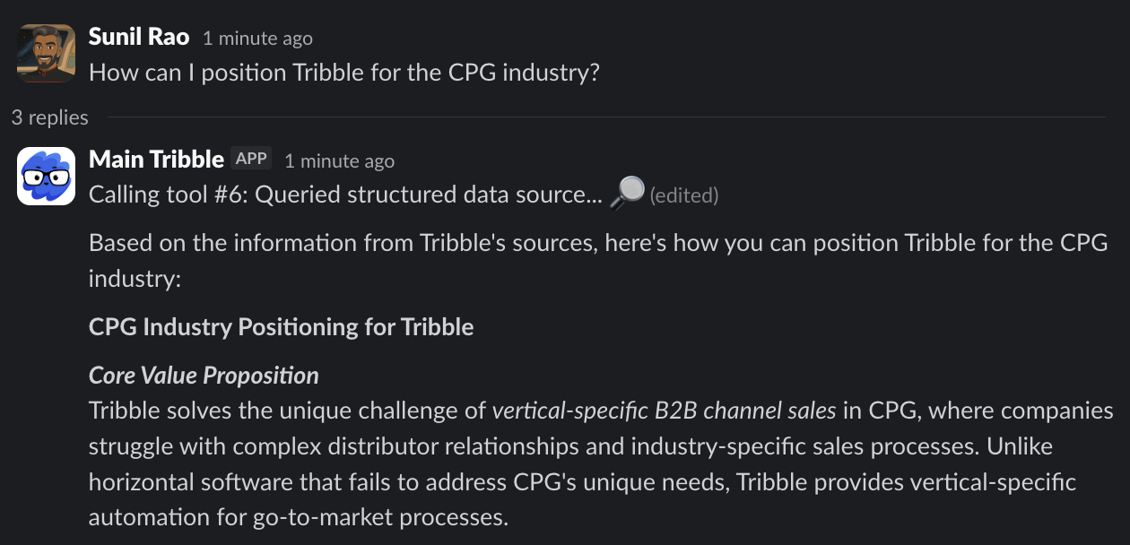 Tribble Slack answer showing deal context